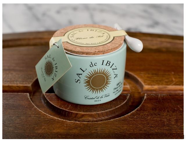Sal de Ibiza Fleur de Sel in a Ceramic Jar with a Spoon