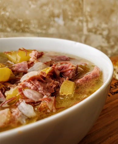 Corned Beef Soup with Toasted Rye Swiss Croutons