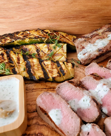 Boneless Lamb Loin in Yogurt Mint Sauce with Lemon Grilled Zucchini