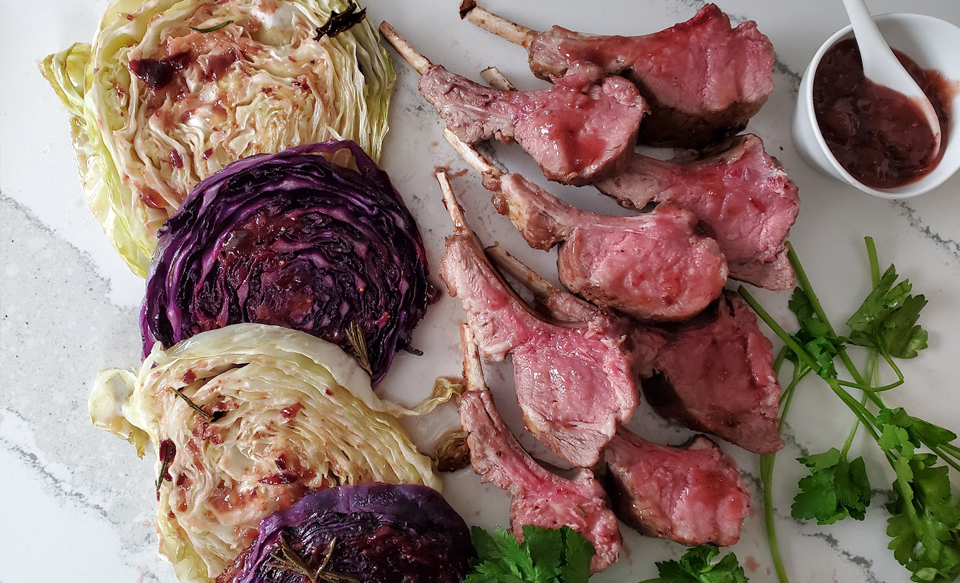 Lamb Rack with Dijon Fig Cherry Glaze and Roasted Cabbage Steaks