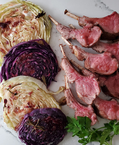 Lamb Rack with Dijon Fig Cherry Glaze and Roasted Cabbage Steaks