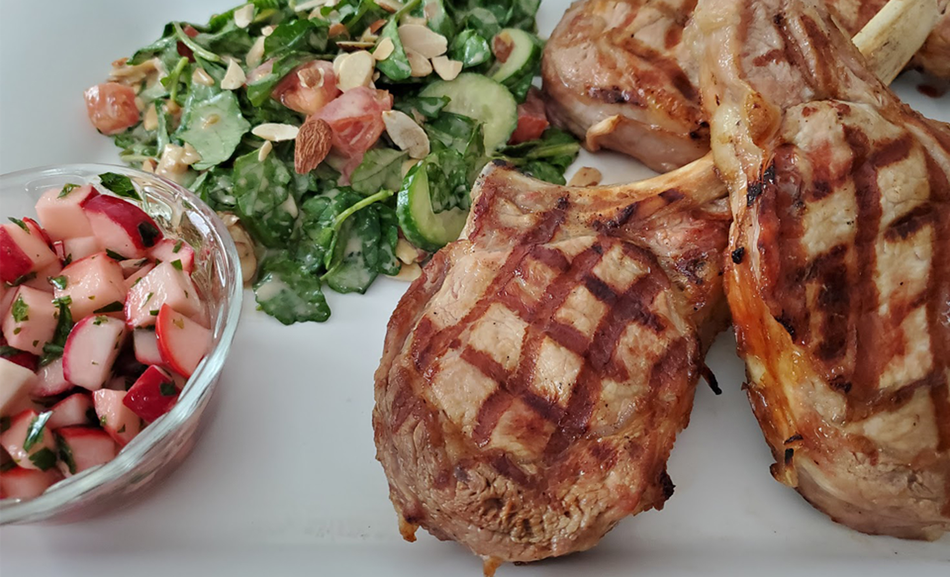 Grilled Veal Chops with Watercress Dijon Salad and Summer Radish Salad