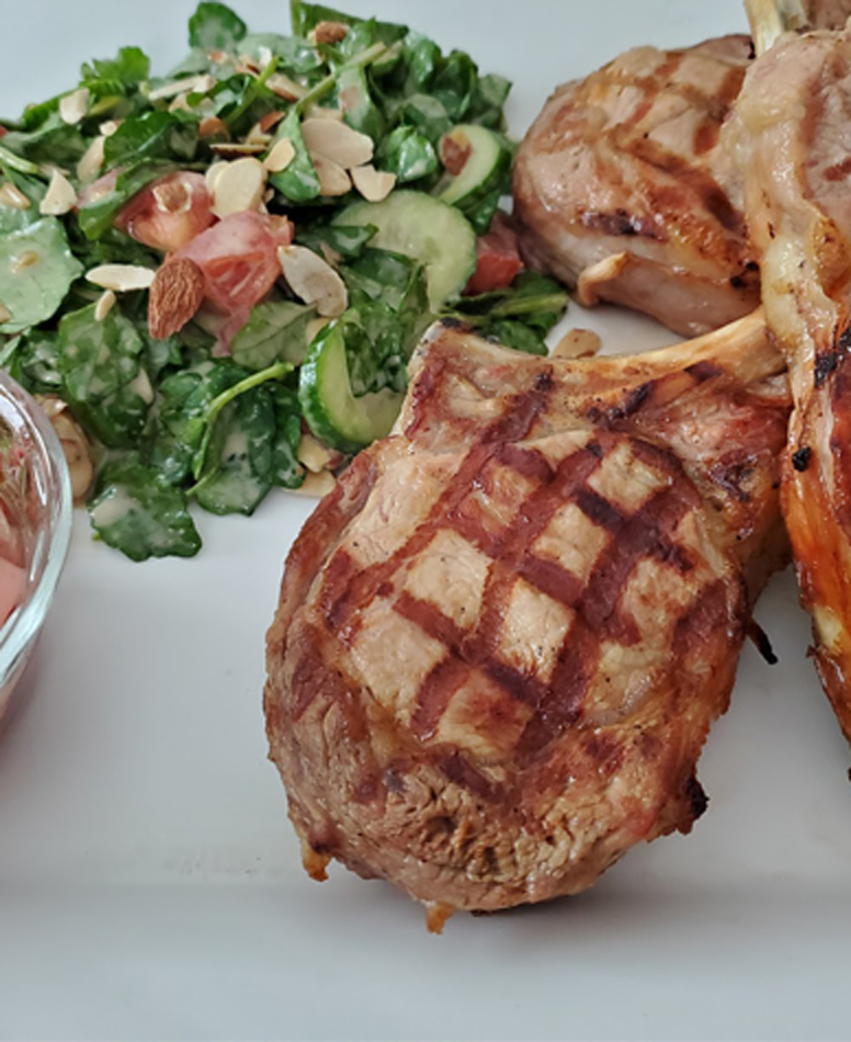 Grilled Veal Chops with Watercress Dijon Salad and Summer Radish Salad